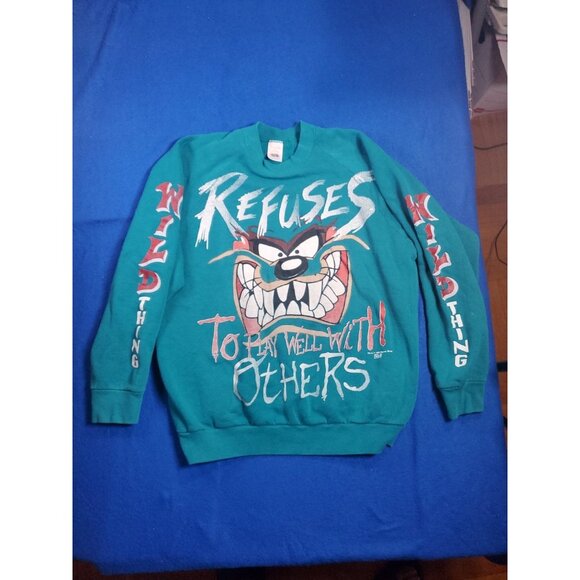 Vintage Taz Refuses To Play Well With Others Wild Thing Sweatshirt L 1995 Teal - Picture 10 of 15